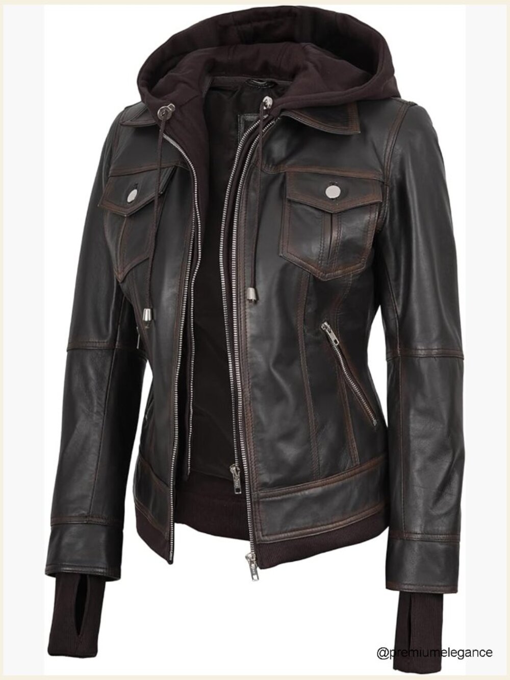 Genuine Lambskin Leather Moto Jacket with Removable Hood
